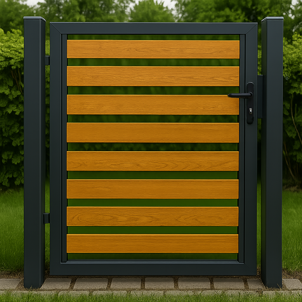 Designzaun Linea Schwarz – Tor, waagerechte Holzleisten