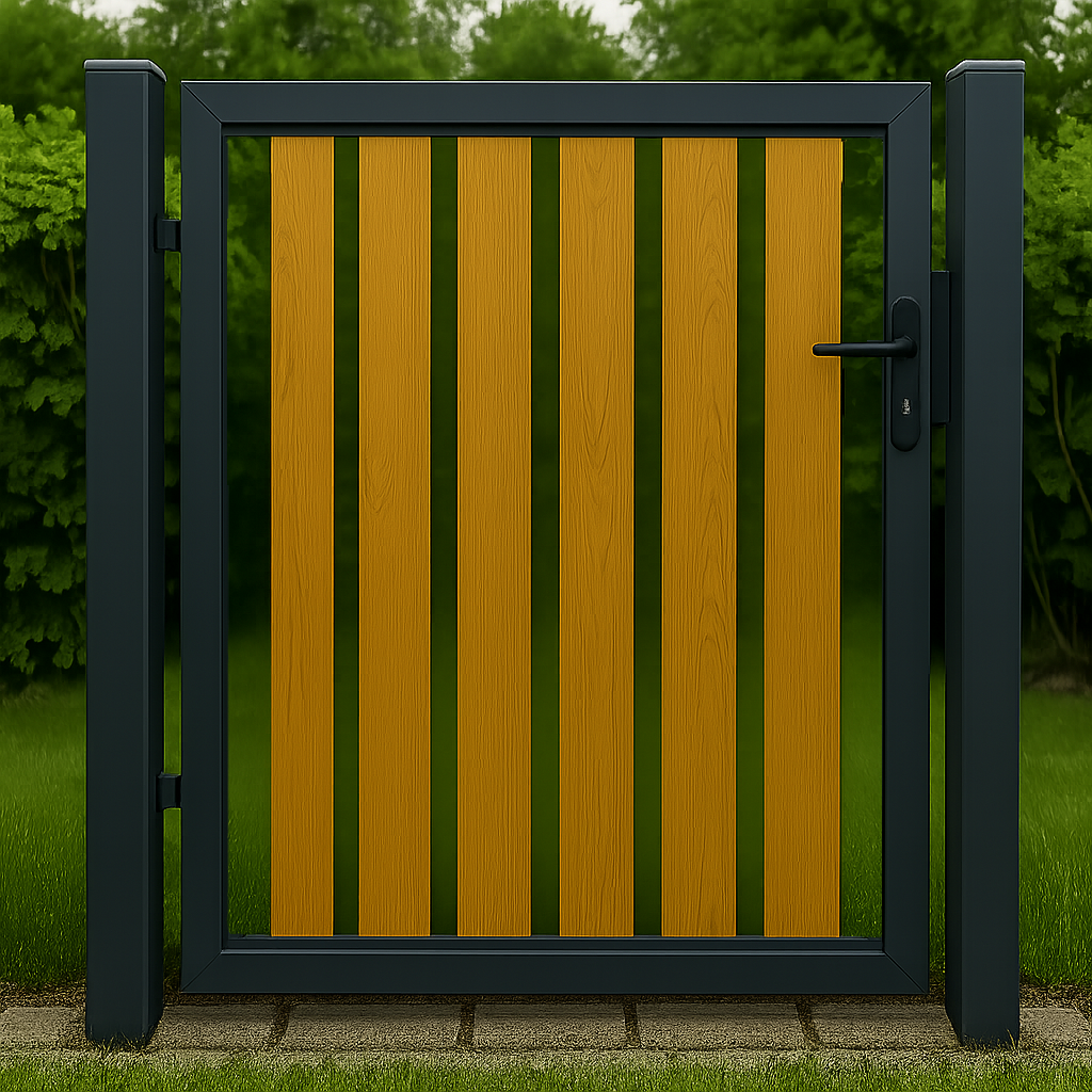 Designzaun Parkline Schwarz – Tor, senkrechte Holzleisten