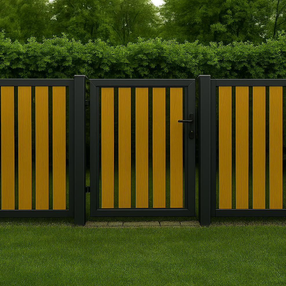 Designzaun Parkline Schwarz – Zaunfeld mit Tor, senkrechten Holzleisten