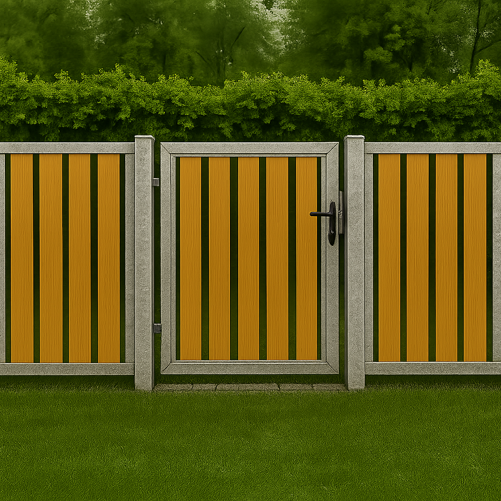 Designzaun Parkline Feuerverzinkt – Zaunfeld mit Tor, senkrechten Holzleisten