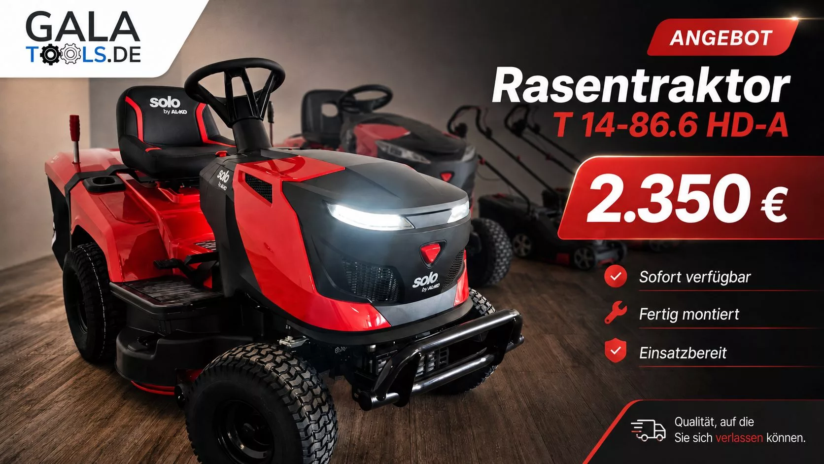Angebot Rasentraktor solo by AL-KO Easy Pro T 14-86.6 HD-A für 2.350 Euro – sofort verfügbar, fertig montiert und einsatzbereit